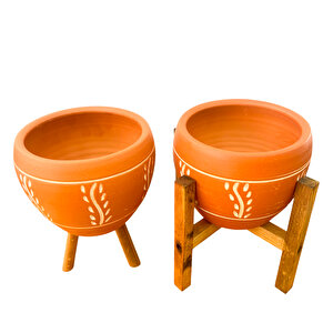 Nakış Desenli Terrakota Toprak Saksı Saksılık Salon Çiçeklik İkili Set 3 Ayaklı- 4 Ayaklı- 15 Cm