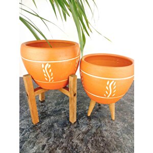 Bitki Tasarımı Nakış Desenli Terrakota Toprak Saksı Saksılık Salon Çiçeklik İkili Set 3 Ayaklı- 4 Ayaklı- 15 Cm