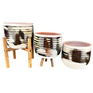 Bitki Tasarımı Yeşil Sırlı Terrakota Toprak Saksı Saksılık Salon Çiçeklik Üçlü Set- 19 Cm