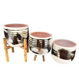 Bitki Tasarımı Yeşil Sırlı Terrakota Toprak Saksı Saksılık Salon Çiçeklik Üçlü Set- 19 Cm