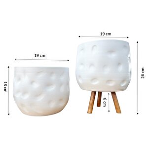 Beyaz Desenli Toprak Saksı Saksılık Salon Çiçeklik İkili Set Ayaksız - 3 Ayaklı- 19 Cm
