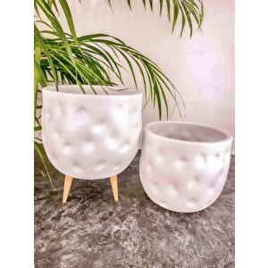 Beyaz Desenli Toprak Saksı Saksılık Salon Çiçeklik İkili Set Ayaksız - 3 Ayaklı- 19 Cm