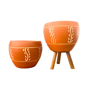 Nakış Desenli Terrakota Toprak Saksı Saksılık Salon Çiçeklik İkili Set Ayaksız - 3 Ayaklı- 15 Cm