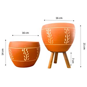Nakış Desenli Terrakota Toprak Saksı Saksılık Salon Çiçeklik İkili Set Ayaksız - 3 Ayaklı- 15 Cm