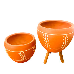 Nakış Desenli Terrakota Toprak Saksı Saksılık Salon Çiçeklik İkili Set Ayaksız - 3 Ayaklı- 15 Cm
