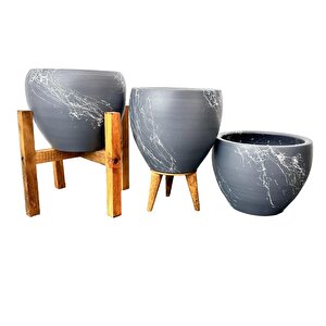 Gri Üzeri Beyaz Mermer Efektli Toprak Saksı Saksılık Salon Çiçeklik Üçlü Set - 15 Cm