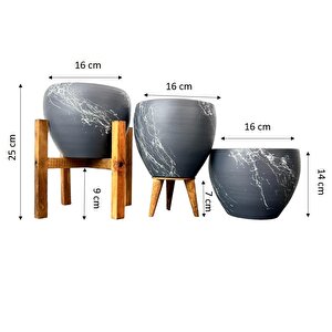 Gri Üzeri Beyaz Mermer Efektli Toprak Saksı Saksılık Salon Çiçeklik Üçlü Set - 15 Cm