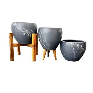 Bitki Tasarımı Gri Üzeri Beyaz Mermer Efektli Toprak Saksı Saksılık Salon Çiçeklik Üçlü Set - 15 Cm