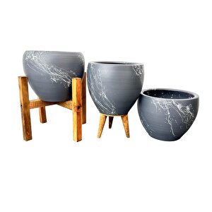 Bitki Tasarımı Gri Üzeri Beyaz Mermer Efektli Toprak Saksı Saksılık Salon Çiçeklik Üçlü Set - 15 Cm
