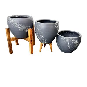 Bitki Tasarımı Gri Üzeri Beyaz Mermer Efektli Toprak Saksı Saksılık Salon Çiçeklik Üçlü Set - 15 Cm