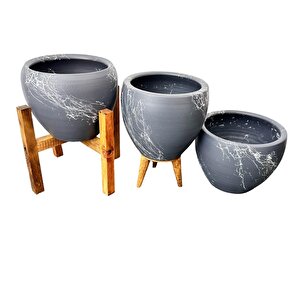 Bitki Tasarımı Gri Üzeri Beyaz Mermer Efektli Toprak Saksı Saksılık Salon Çiçeklik Üçlü Set - 15 Cm