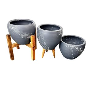 Bitki Tasarımı Gri Üzeri Beyaz Mermer Efektli Toprak Saksı Saksılık Salon Çiçeklik Üçlü Set - 15 Cm