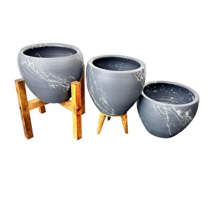 Bitki Tasarımı Gri Üzeri Beyaz Mermer Efektli Toprak Saksı Saksılık Salon Çiçeklik Üçlü Set - 15 Cm