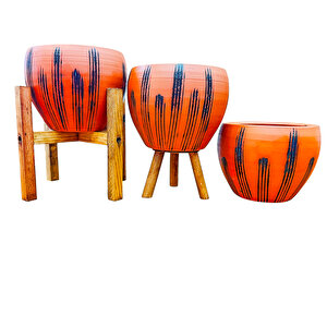 Siyah Çizgi Desenli Terrakota Toprak Saksı Saksılık Salon Çiçeklik Üçlü Set - 15 Cm