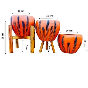 Siyah Çizgi Desenli Terrakota Toprak Saksı Saksılık Salon Çiçeklik Üçlü Set - 15 Cm