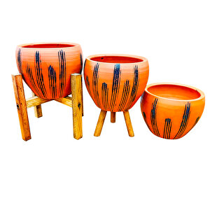 Siyah Çizgi Desenli Terrakota Toprak Saksı Saksılık Salon Çiçeklik Üçlü Set - 15 Cm