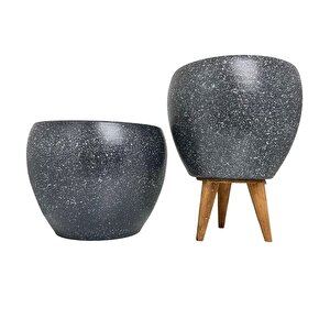 Gri Granit Toprak Saksı Saksılık Salon Çiçeklik İkili Set Ayaksız - 3 Ayaklı- 15 Cm