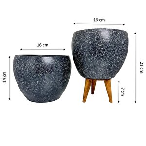 Gri Granit Toprak Saksı Saksılık Salon Çiçeklik İkili Set Ayaksız - 3 Ayaklı- 15 Cm