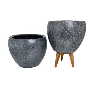 Gri Granit Toprak Saksı Saksılık Salon Çiçeklik İkili Set Ayaksız - 3 Ayaklı- 15 Cm