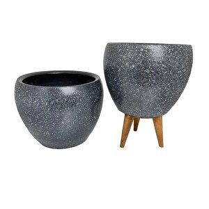 Bitki Tasarımı Gri Granit Toprak Saksı Saksılık Salon Çiçeklik İkili Set Ayaksız - 3 Ayaklı- 15 Cm