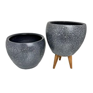 Bitki Tasarımı Gri Granit Toprak Saksı Saksılık Salon Çiçeklik İkili Set Ayaksız - 3 Ayaklı- 15 Cm