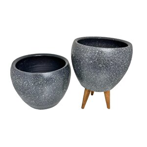 Bitki Tasarımı Gri Granit Toprak Saksı Saksılık Salon Çiçeklik İkili Set Ayaksız - 3 Ayaklı- 15 Cm