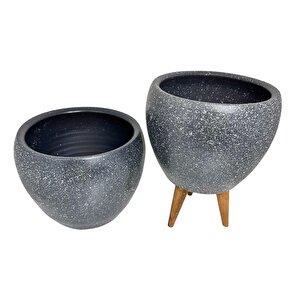 Bitki Tasarımı Gri Granit Toprak Saksı Saksılık Salon Çiçeklik İkili Set Ayaksız - 3 Ayaklı- 15 Cm
