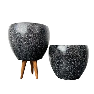 Siyah Granit Toprak Saksı Saksılık Salon Çiçeklik İkili Set Ayaksız - 3 Ayaklı- 15 Cm