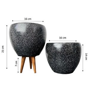 Siyah Granit Toprak Saksı Saksılık Salon Çiçeklik İkili Set Ayaksız - 3 Ayaklı- 15 Cm