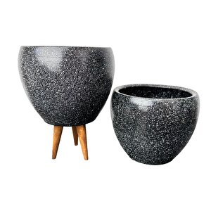 Siyah Granit Toprak Saksı Saksılık Salon Çiçeklik İkili Set Ayaksız - 3 Ayaklı- 15 Cm