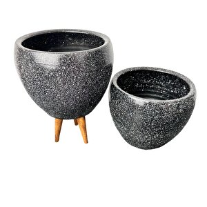 Bitki Tasarımı Siyah Granit Toprak Saksı Saksılık Salon Çiçeklik İkili Set Ayaksız - 3 Ayaklı- 15 Cm