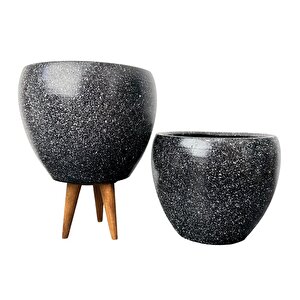 Bitki Tasarımı Siyah Granit Toprak Saksı Saksılık Salon Çiçeklik İkili Set Ayaksız - 3 Ayaklı- 15 Cm