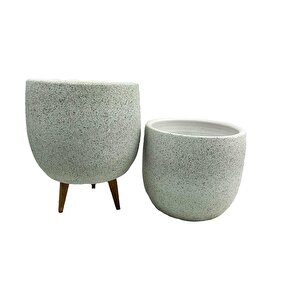 Beyaz Granit Toprak Saksı Saksılık Salon Çiçeklik İkili Set Ayaksız - 3 Ayaklı- 19 Cm