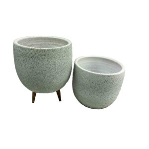 Beyaz Granit Toprak Saksı Saksılık Salon Çiçeklik İkili Set Ayaksız - 3 Ayaklı- 19 Cm