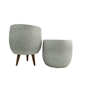 Beyaz Granit Toprak Saksı Saksılık Salon Çiçeklik İkili Set Ayaksız - 3 Ayaklı- 19 Cm