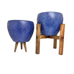 Lacivert Granit Toprak Saksı Saksılık Salon Çiçeklik İkili Set 3 Ayaklı- 4 Ayaklı- 15 Cm
