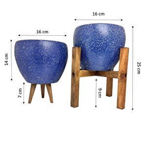 Lacivert Granit Toprak Saksı Saksılık Salon Çiçeklik İkili Set 3 Ayaklı- 4 Ayaklı- 15 Cm