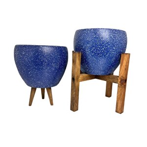 Lacivert Granit Toprak Saksı Saksılık Salon Çiçeklik İkili Set 3 Ayaklı- 4 Ayaklı- 15 Cm