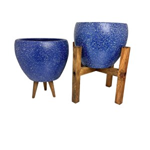 Bitki Tasarımı Lacivert Granit Toprak Saksı Saksılık Salon Çiçeklik İkili Set 3 Ayaklı- 4 Ayaklı- 15 Cm