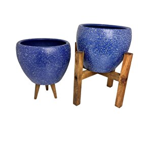 Bitki Tasarımı Lacivert Granit Toprak Saksı Saksılık Salon Çiçeklik İkili Set 3 Ayaklı- 4 Ayaklı- 15 Cm