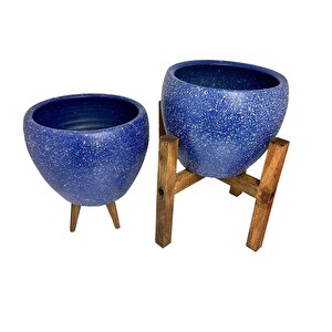 Bitki Tasarımı Lacivert Granit Toprak Saksı Saksılık Salon Çiçeklik İkili Set 3 Ayaklı- 4 Ayaklı- 15 Cm