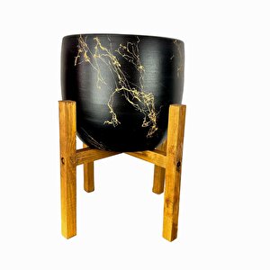 Siyah Üzeri Gold Mermer Efektli Toprak Saksı Saksılık Salon Çiçeklik 4 Ayaklı - 19 Cm