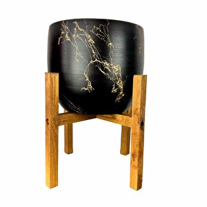 Siyah Üzeri Gold Mermer Efektli Toprak Saksı Saksılık Salon Çiçeklik 4 Ayaklı - 19 Cm