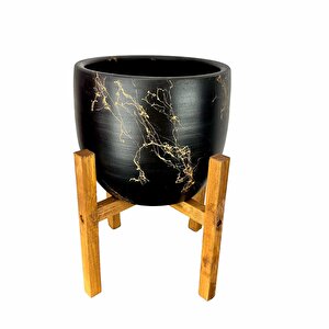 Bitki Tasarımı Siyah Üzeri Gold Mermer Efektli Toprak Saksı Saksılık Salon Çiçeklik 4 Ayaklı - 19 Cm