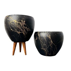 Siyah Üzeri Gold Mermer Efektli Toprak Saksı Saksılık Salon Çiçeklik İkili Set Ayaksız - 3 Ayaklı- 15 Cm