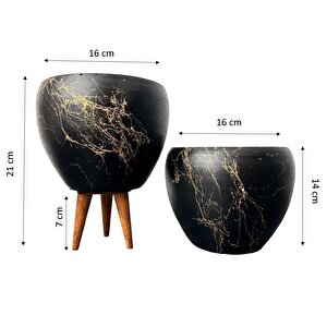 Siyah Üzeri Gold Mermer Efektli Toprak Saksı Saksılık Salon Çiçeklik İkili Set Ayaksız - 3 Ayaklı- 15 Cm