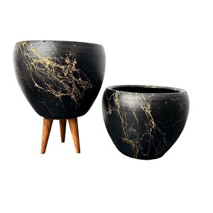 Siyah Üzeri Gold Mermer Efektli Toprak Saksı Saksılık Salon Çiçeklik İkili Set Ayaksız - 3 Ayaklı- 15 Cm