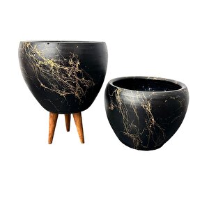 Bitki Tasarımı Siyah Üzeri Gold Mermer Efektli Toprak Saksı Saksılık Salon Çiçeklik İkili Set Ayaksız - 3 Ayaklı- 15 Cm