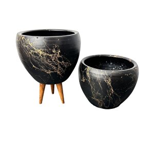 Bitki Tasarımı Siyah Üzeri Gold Mermer Efektli Toprak Saksı Saksılık Salon Çiçeklik İkili Set Ayaksız - 3 Ayaklı- 15 Cm