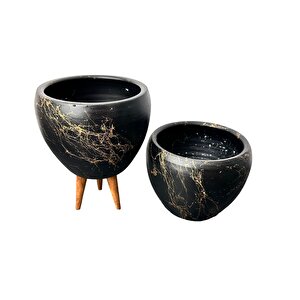 Bitki Tasarımı Siyah Üzeri Gold Mermer Efektli Toprak Saksı Saksılık Salon Çiçeklik İkili Set Ayaksız - 3 Ayaklı- 15 Cm